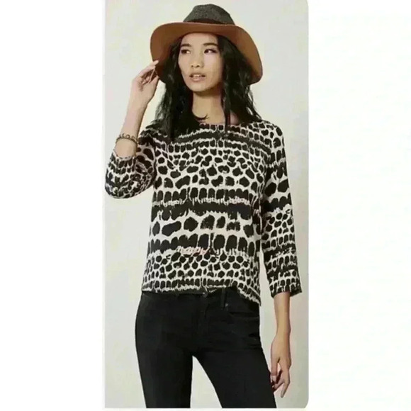 Anthropologie Maeve 100% Silk Cheetah Linosa‎ Leopard 3/4 Sleeve Womens Sz Small - Picture 1 of 12